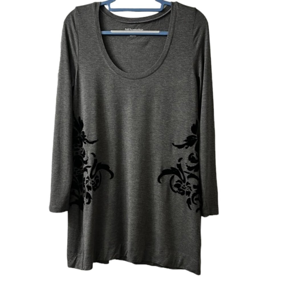 Soft Surroundings Gray Scoop Neck Tunic Black Velvet Floral Damask Size Medium